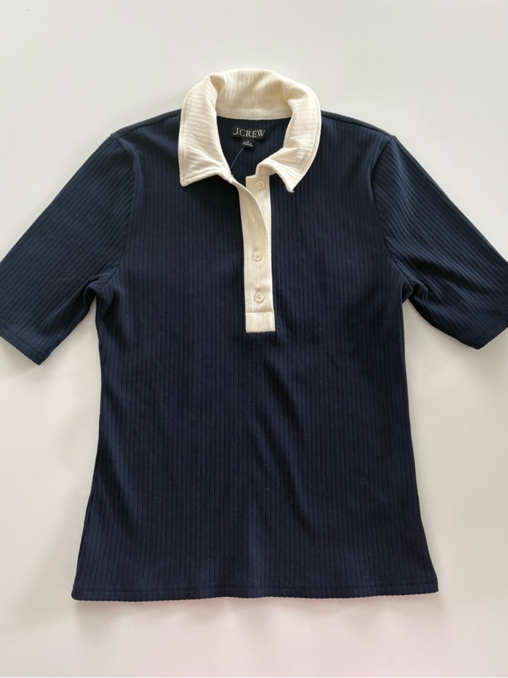 J. Crew Navy Ribbed Polo with Cream Collar